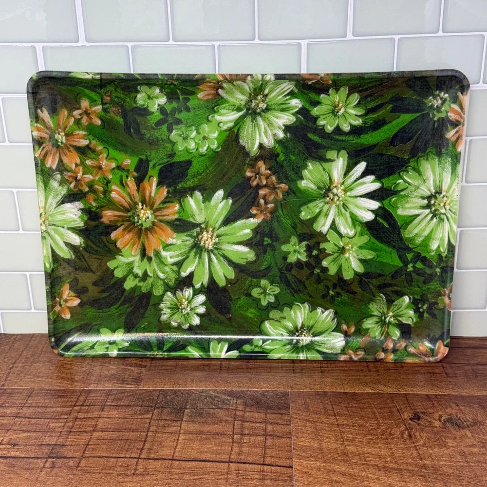 VTG 1960s MCM Fiberglass Floral Serving Tray 16x12 Green‎ Daisy Retro